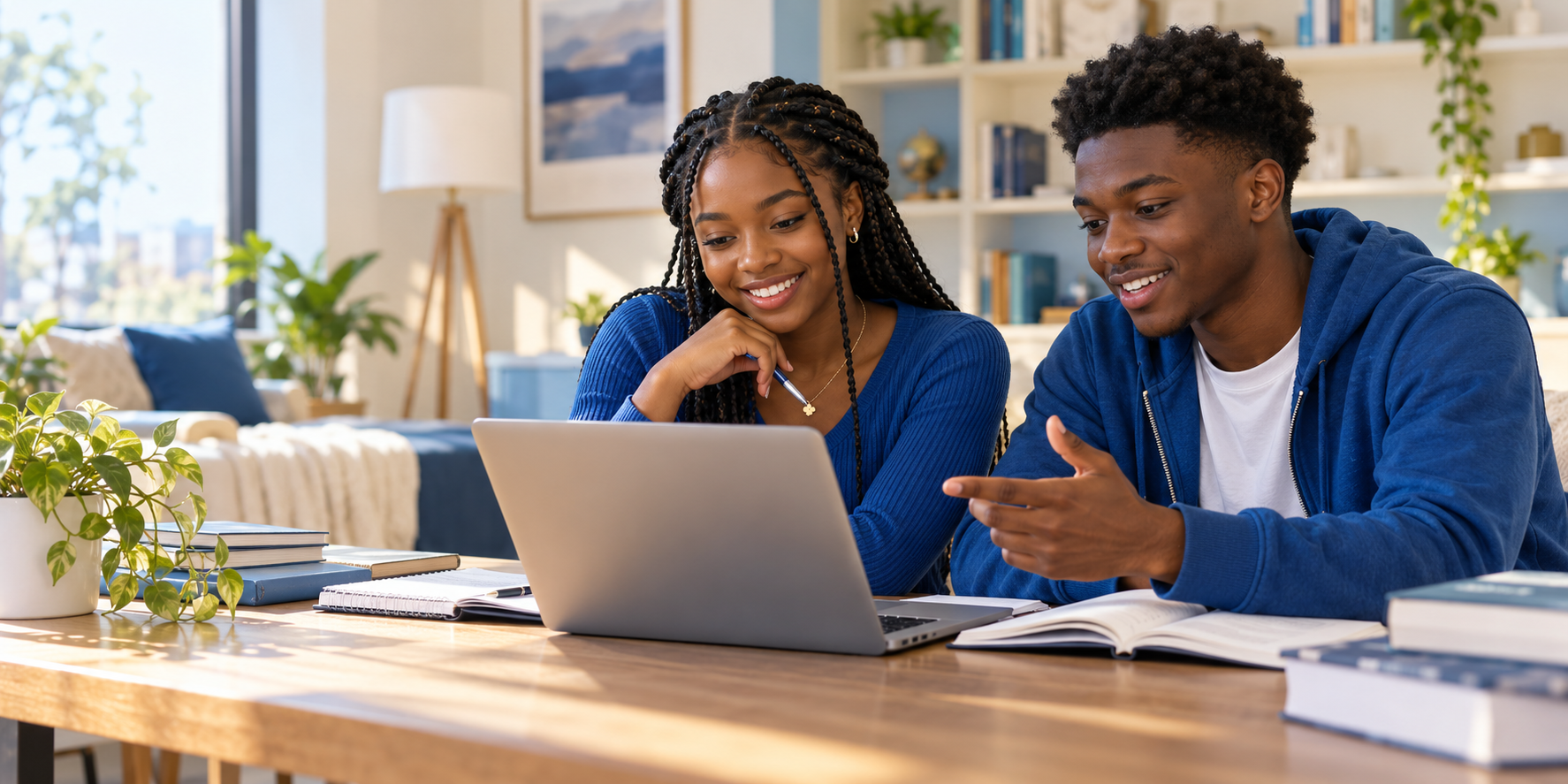 Two Nigerian young adults studying together at a laptop
